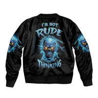 Unisex black bomber jacket with blue skull back graphic, ribbed collar cuffs hem