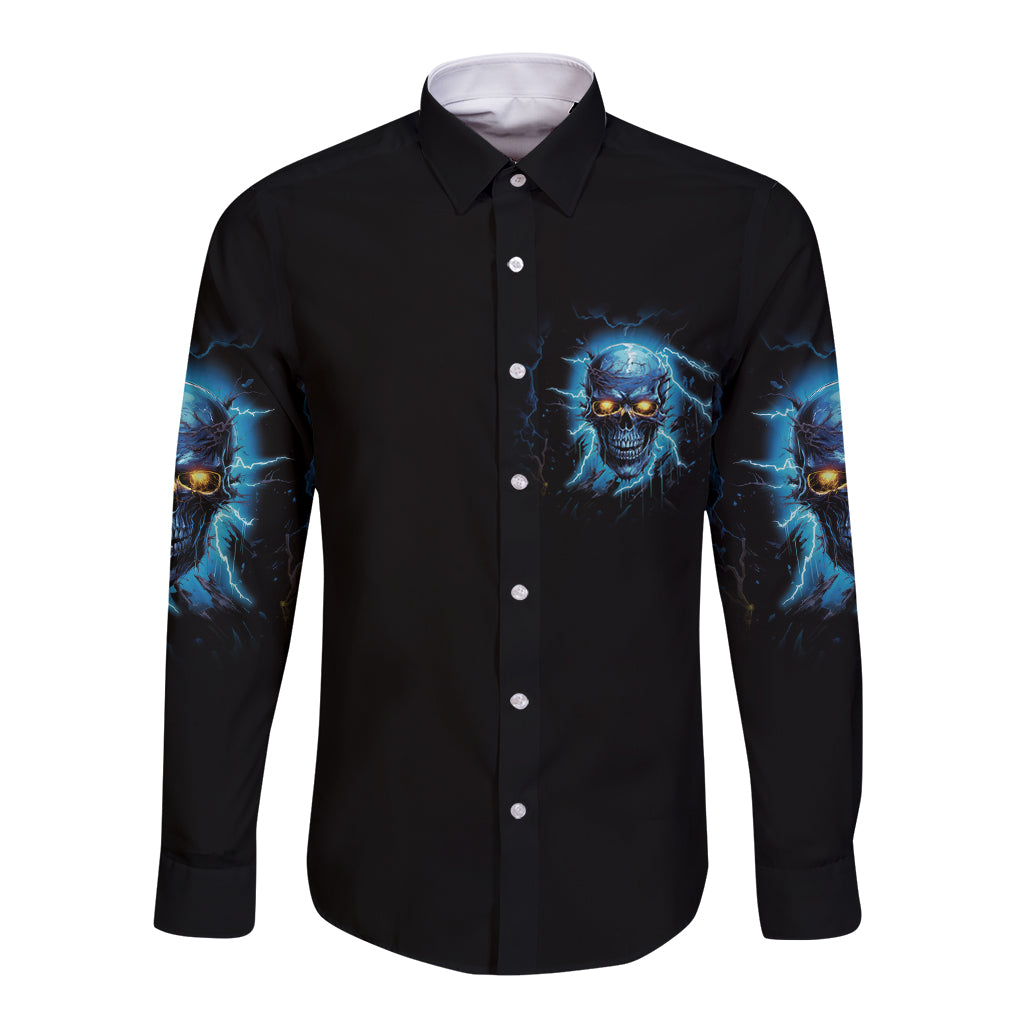 Black long-sleeve button shirt with blue skull chest graphic and blue accents