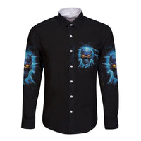 Black long-sleeve button shirt with blue skull chest graphic and blue accents