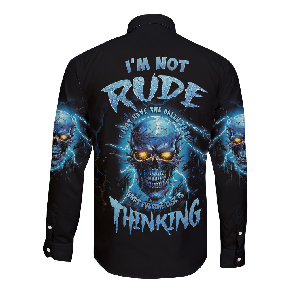 Black long-sleeve button shirt with blue skull graphic on back