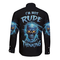 Black long-sleeve button shirt with blue skull graphic on back