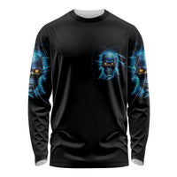 Black long-sleeve T-shirt with blue skull chest graphic and extended sleeve art
