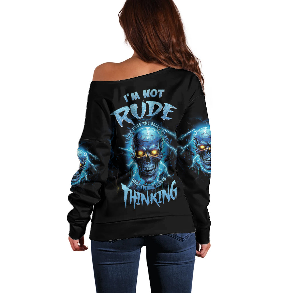 Black off-shoulder sweater with long sleeves, blue skull graphic and 'I'm not rude' text