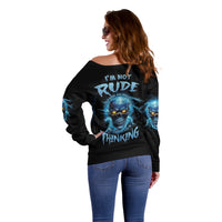 Black off-shoulder sweater with long sleeves, blue skull back graphic and 'Thinking' text