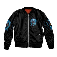 Black zip-front bomber jacket with blue skull chest graphic and sleeve accents