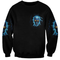 Unisex black sweatshirt with small blue skull logo and blue lightning sleeve prints