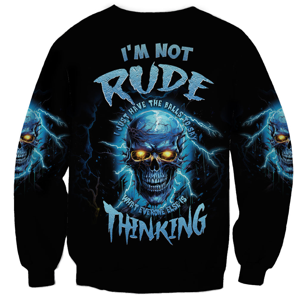 Unisex black sweatshirt with blue mad skull graphic and bold text on front