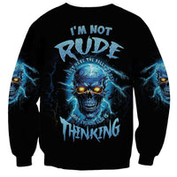 Unisex black sweatshirt with blue mad skull graphic and bold text on front