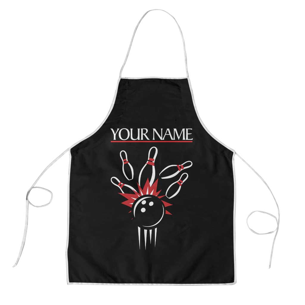 Custom Red and Black Bowling Apron with Strike Explosion Graphic Custom Name and Bowler Silhouette - Wonder Print Shop