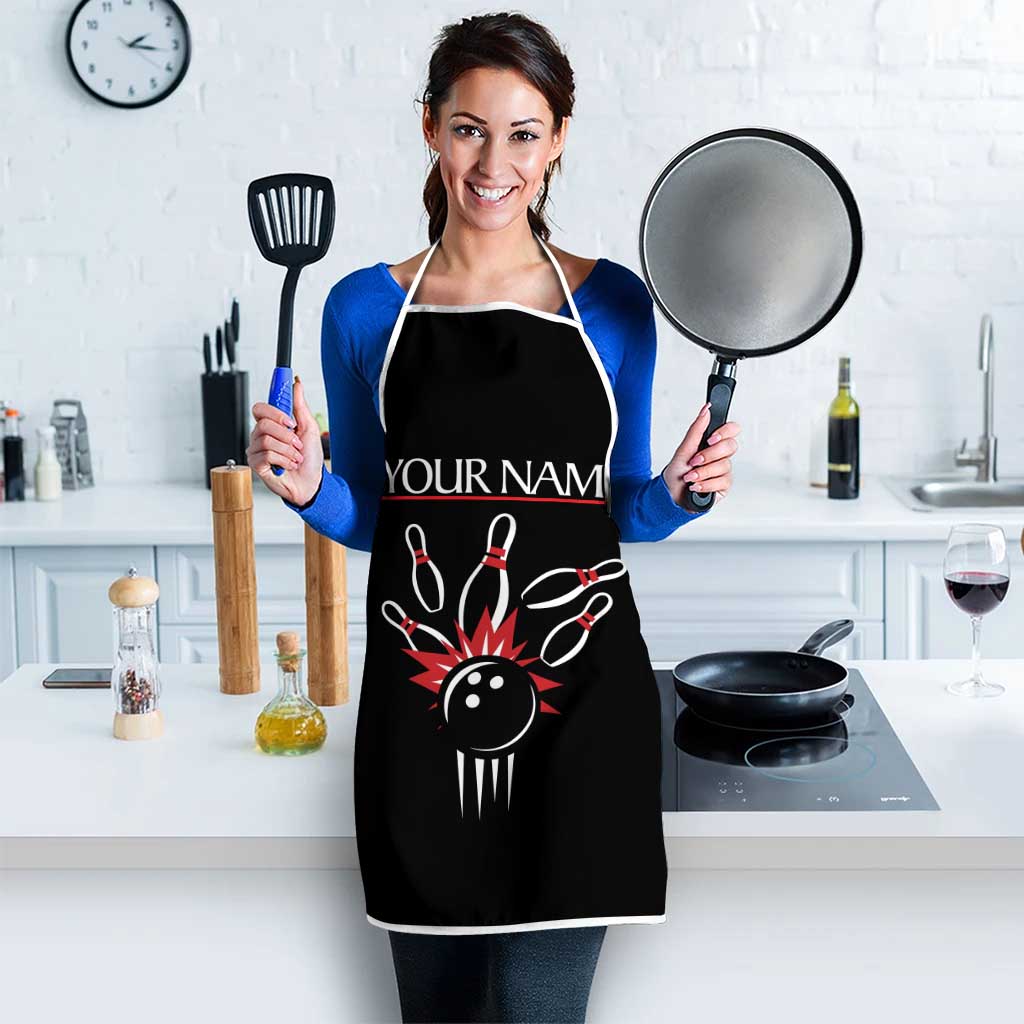 Custom Red and Black Bowling Apron with Strike Explosion Graphic Custom Name and Bowler Silhouette - Wonder Print Shop