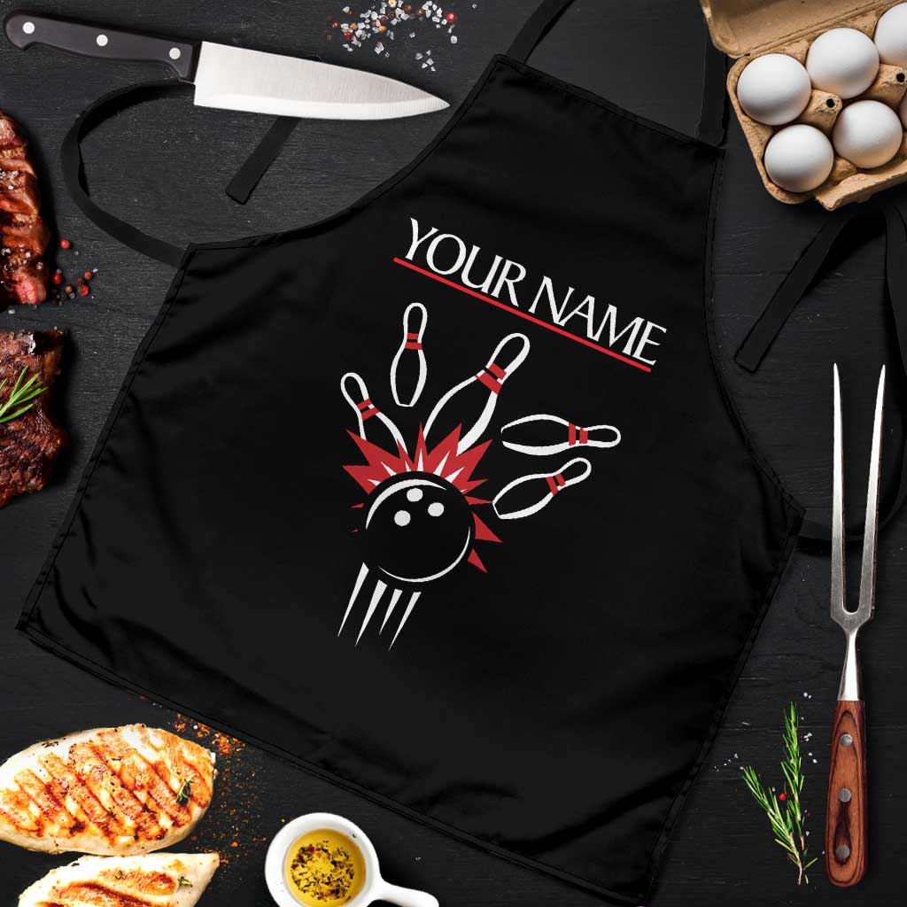 Custom Red and Black Bowling Apron with Strike Explosion Graphic Custom Name and Bowler Silhouette - Wonder Print Shop