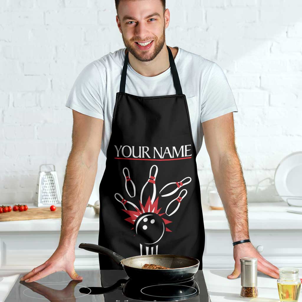 Custom Red and Black Bowling Apron with Strike Explosion Graphic Custom Name and Bowler Silhouette - Wonder Print Shop