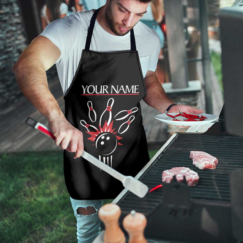Custom Red and Black Bowling Apron with Strike Explosion Graphic Custom Name and Bowler Silhouette - Wonder Print Shop