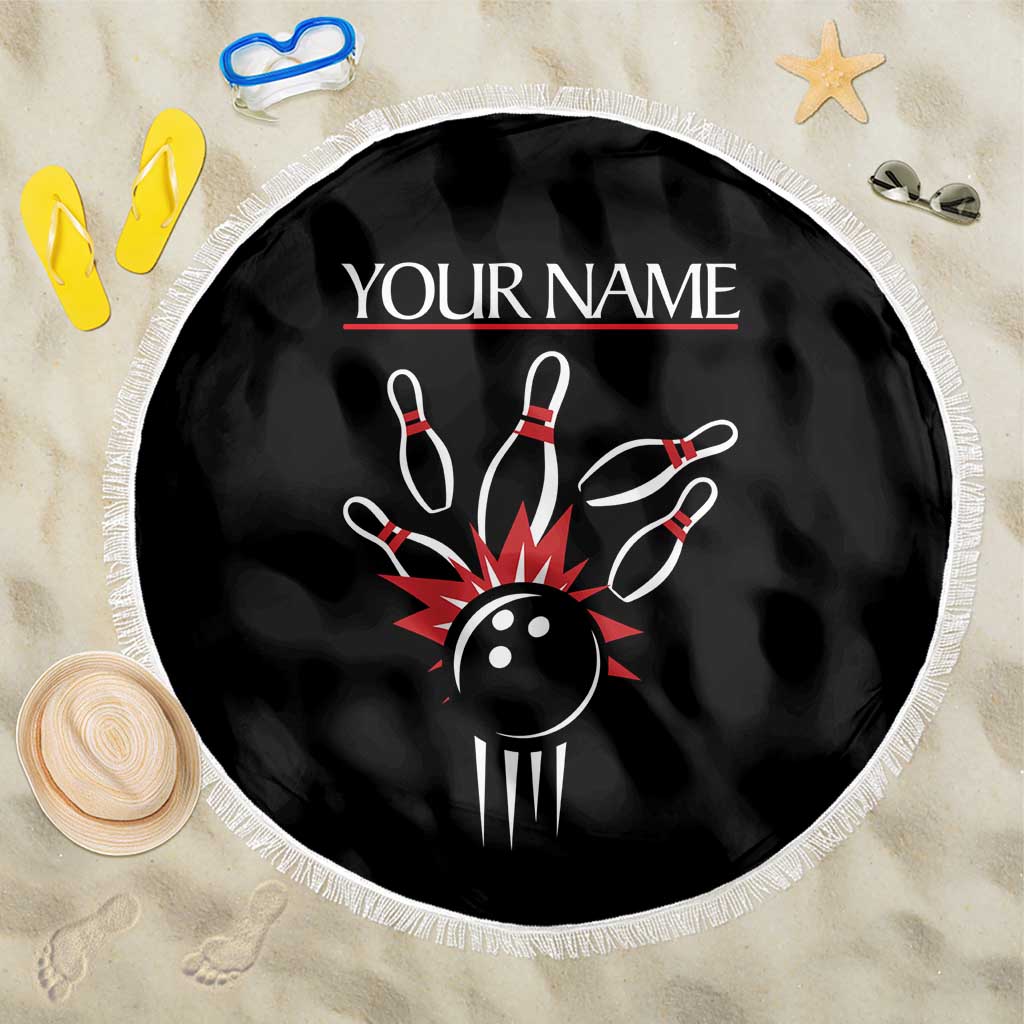 Custom Red and Black Bowling Beach Blanket with Strike Explosion Graphic Custom Name and Bowler Silhouette - Wonder Print Shop