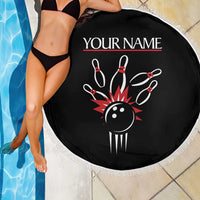 Custom Red and Black Bowling Beach Blanket with Strike Explosion Graphic Custom Name and Bowler Silhouette - Wonder Print Shop