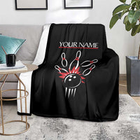 Custom Red and Black Bowling Blanket with Strike Explosion Graphic Custom Name and Bowler Silhouette - Wonder Print Shop