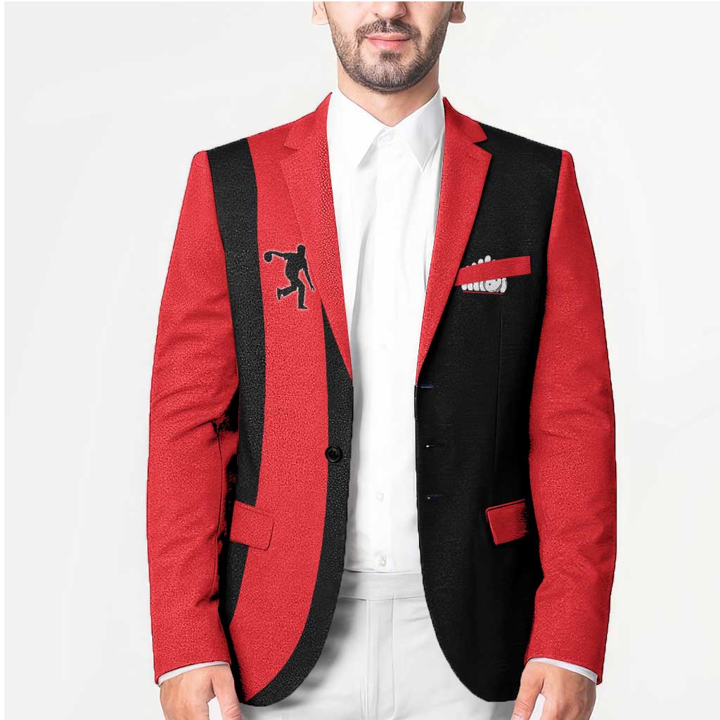 Custom Red and Black Bowling Blazer with Strike Explosion Graphic Custom Name and Bowler Silhouette - Wonder Print Shop