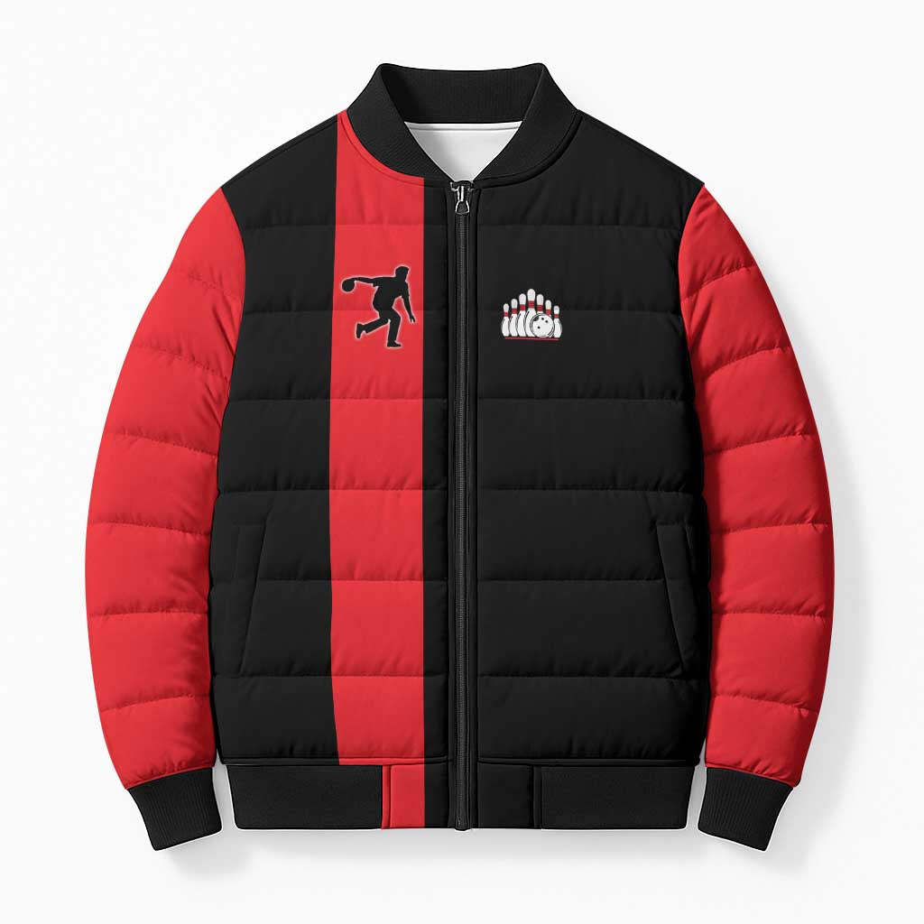 Custom Red and Black Bowling Bomber Puffer Jacket with Strike Explosion Graphic Custom Name and Bowler Silhouette - Wonder Print Shop