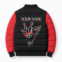 Custom Red and Black Bowling Bomber Puffer Jacket with Strike Explosion Graphic Custom Name and Bowler Silhouette - Wonder Print Shop