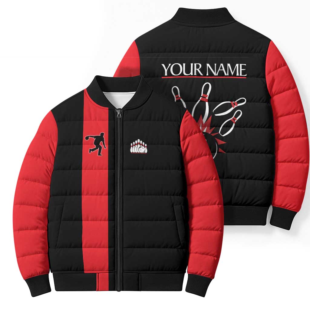 Custom Red and Black Bowling Bomber Puffer Jacket with Strike Explosion Graphic Custom Name and Bowler Silhouette - Wonder Print Shop