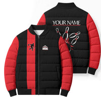Custom Red and Black Bowling Bomber Puffer Jacket with Strike Explosion Graphic Custom Name and Bowler Silhouette - Wonder Print Shop