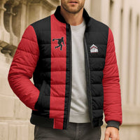 Custom Red and Black Bowling Bomber Puffer Jacket with Strike Explosion Graphic Custom Name and Bowler Silhouette - Wonder Print Shop