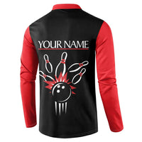 Custom Red and Black Bowling Button Sweatshirt with Strike Explosion Graphic Custom Name and Bowler Silhouette - Wonder Print Shop