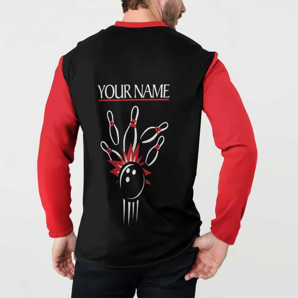 Custom Red and Black Bowling Button Sweatshirt with Strike Explosion Graphic Custom Name and Bowler Silhouette - Wonder Print Shop