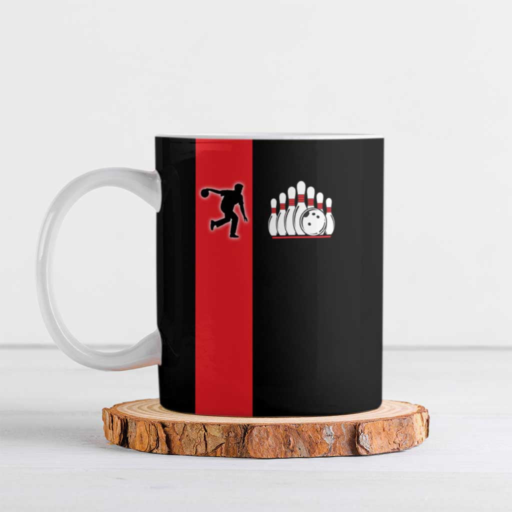Custom Red and Black Bowling Ceramic Mug with Strike Explosion Graphic Custom Name and Bowler Silhouette - Wonder Print Shop