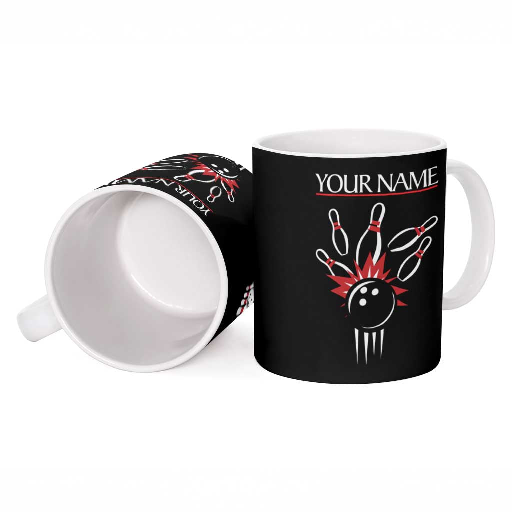 Custom Red and Black Bowling Ceramic Mug with Strike Explosion Graphic Custom Name and Bowler Silhouette - Wonder Print Shop
