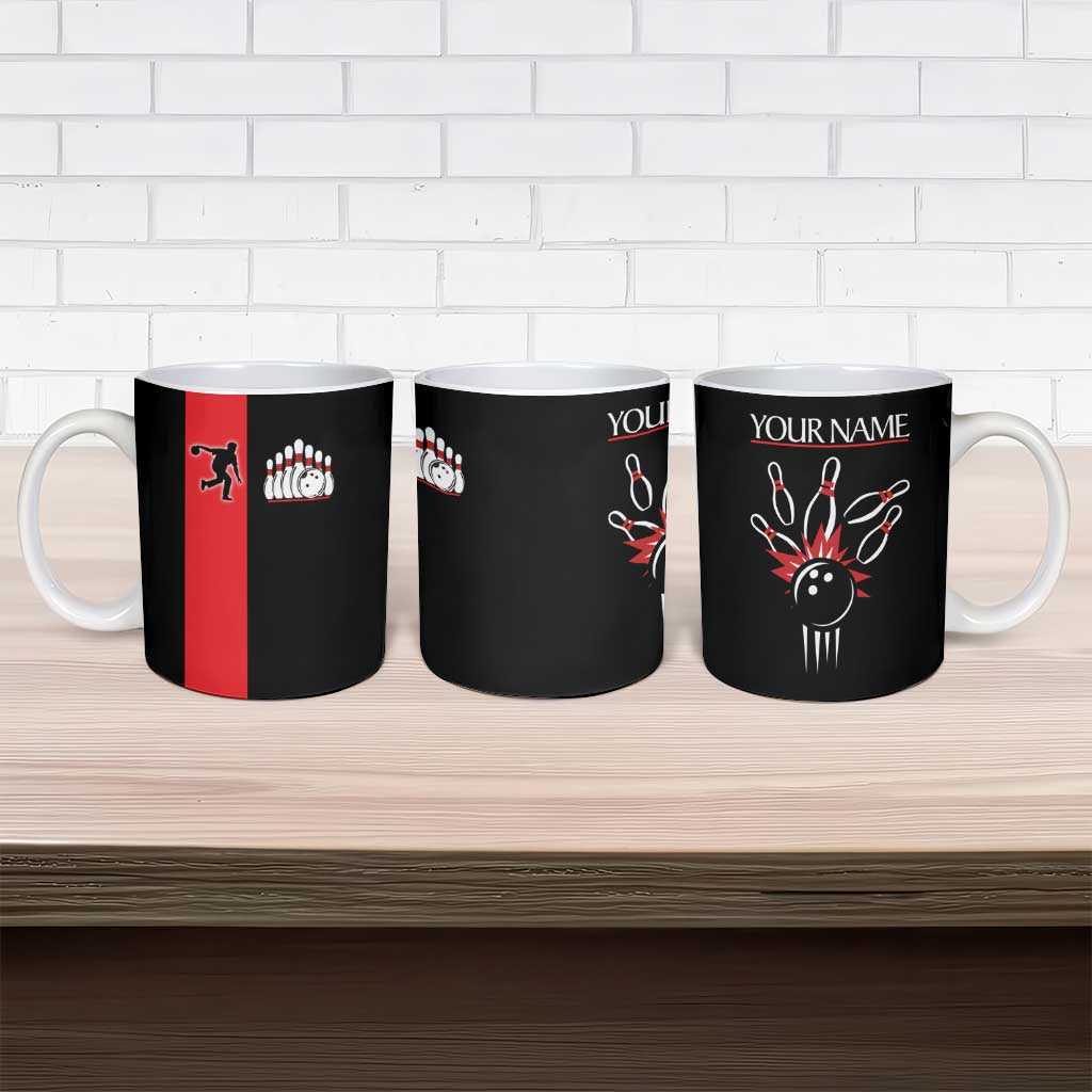 Custom Red and Black Bowling Ceramic Mug with Strike Explosion Graphic Custom Name and Bowler Silhouette - Wonder Print Shop