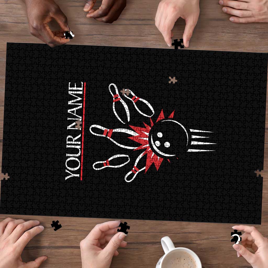 Custom Red and Black Bowling Puzzle with Strike Explosion Graphic Custom Name and Bowler Silhouette - Wonder Print Shop