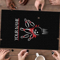 Custom Red and Black Bowling Puzzle with Strike Explosion Graphic Custom Name and Bowler Silhouette - Wonder Print Shop