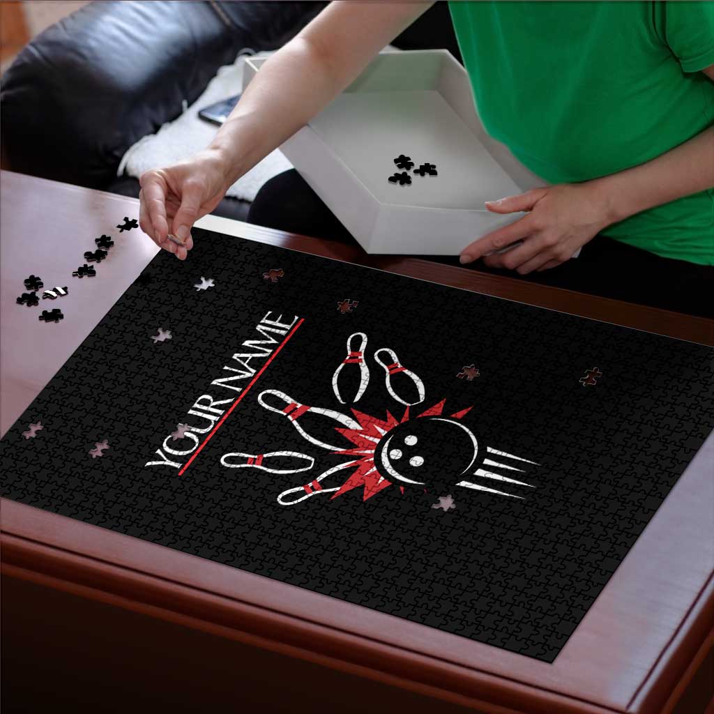 Custom Red and Black Bowling Puzzle with Strike Explosion Graphic Custom Name and Bowler Silhouette - Wonder Print Shop