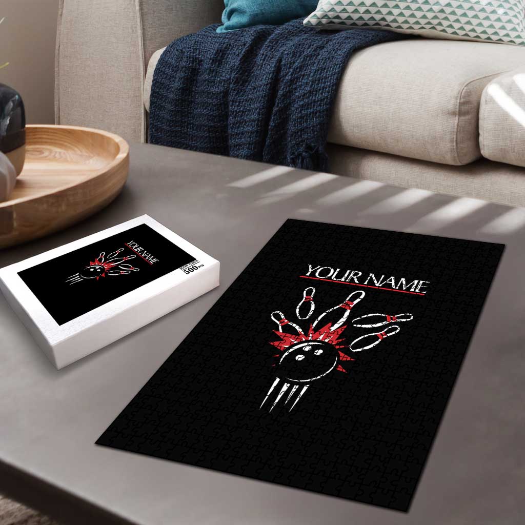 Custom Red and Black Bowling Puzzle with Strike Explosion Graphic Custom Name and Bowler Silhouette - Wonder Print Shop