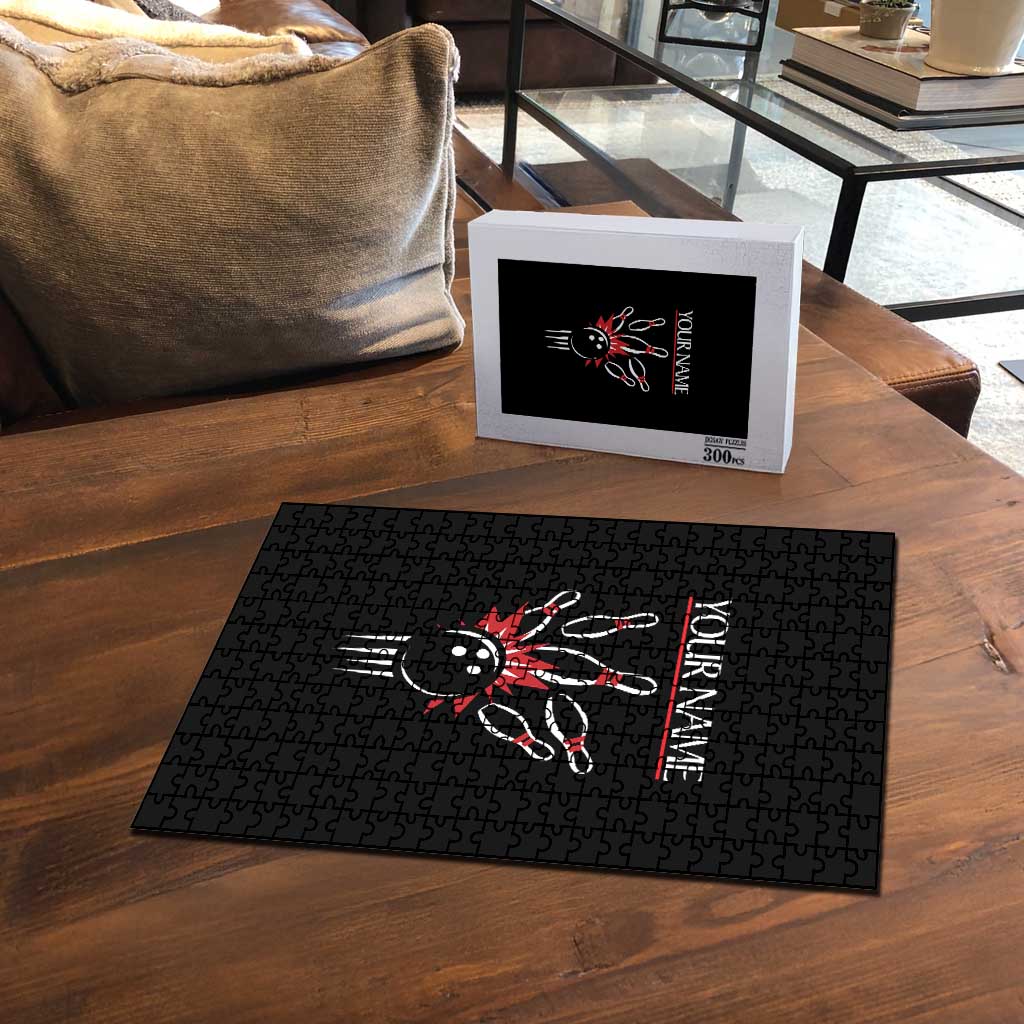 Custom Red and Black Bowling Puzzle with Strike Explosion Graphic Custom Name and Bowler Silhouette - Wonder Print Shop