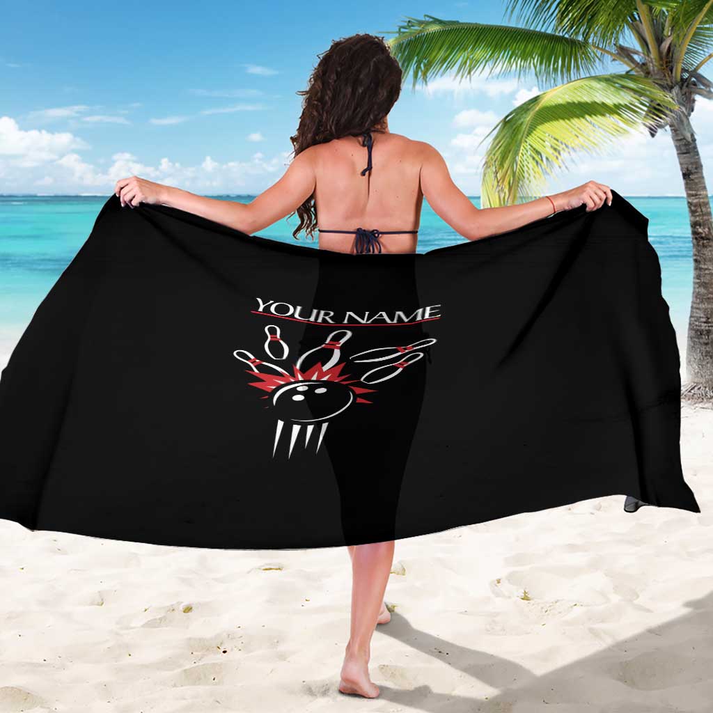 Custom Red and Black Bowling Sarong with Strike Explosion Graphic Custom Name and Bowler Silhouette - Wonder Print Shop