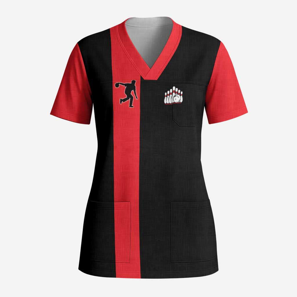 Custom Red and Black Bowling Scrub Top with Strike Explosion Graphic Custom Name and Bowler Silhouette - Wonder Print Shop