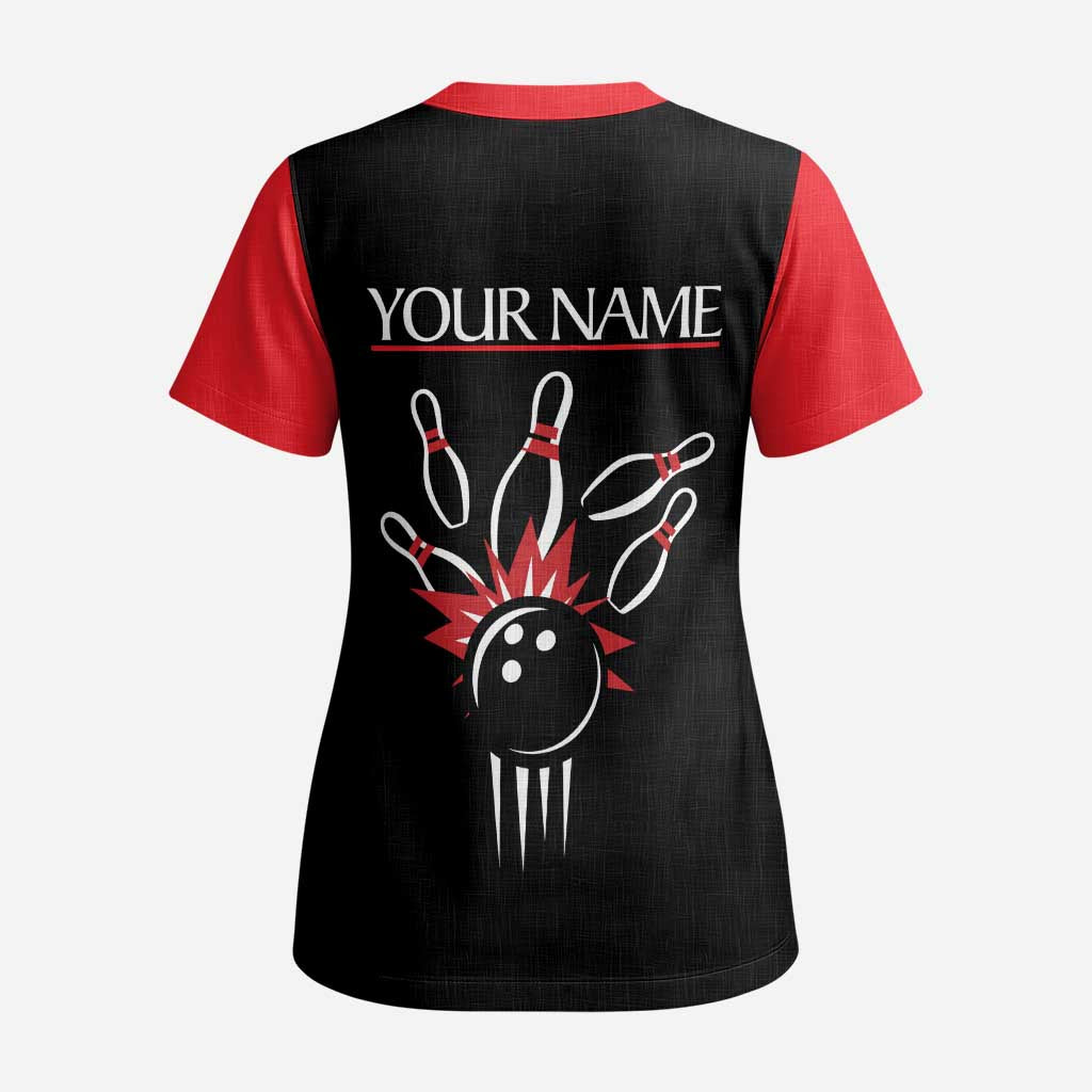 Custom Red and Black Bowling Scrub Top with Strike Explosion Graphic Custom Name and Bowler Silhouette - Wonder Print Shop