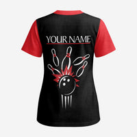 Custom Red and Black Bowling Scrub Top with Strike Explosion Graphic Custom Name and Bowler Silhouette - Wonder Print Shop