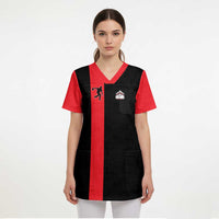 Custom Red and Black Bowling Scrub Top with Strike Explosion Graphic Custom Name and Bowler Silhouette - Wonder Print Shop
