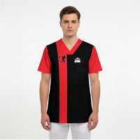 Custom Red and Black Bowling Scrub Top with Strike Explosion Graphic Custom Name and Bowler Silhouette - Wonder Print Shop