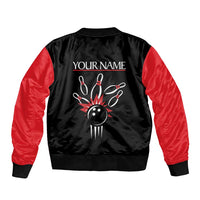 Custom Red and Black Bowling Sleeve Zip Bomber Jacket with Strike Explosion Graphic Custom Name and Bowler Silhouette - Wonder Print Shop