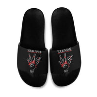 Custom Red and Black Bowling Slide Sandals with Strike Explosion Graphic Custom Name and Bowler Silhouette - Wonder Print Shop