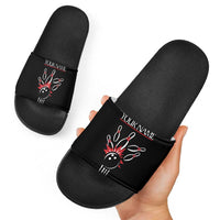 Custom Red and Black Bowling Slide Sandals with Strike Explosion Graphic Custom Name and Bowler Silhouette - Wonder Print Shop