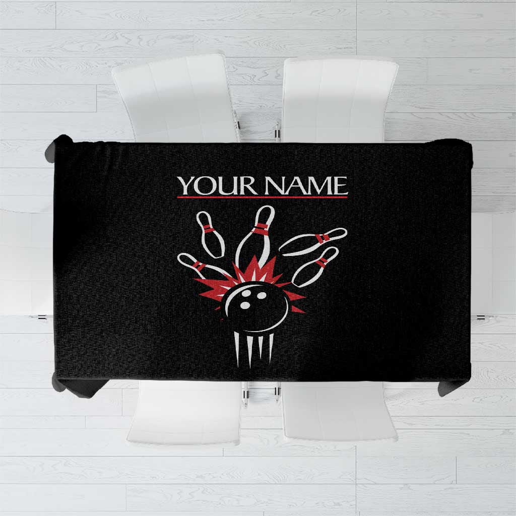 Custom Red and Black Bowling Tablecloth with Strike Explosion Graphic Custom Name and Bowler Silhouette - Wonder Print Shop