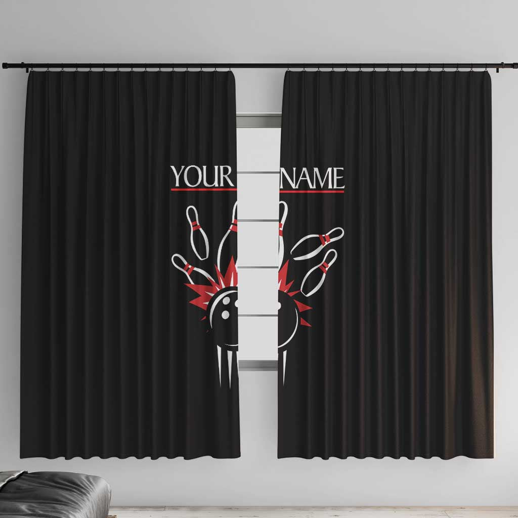 Custom Red and Black Bowling Window Curtain with Strike Explosion Graphic Custom Name and Bowler Silhouette - Wonder Print Shop