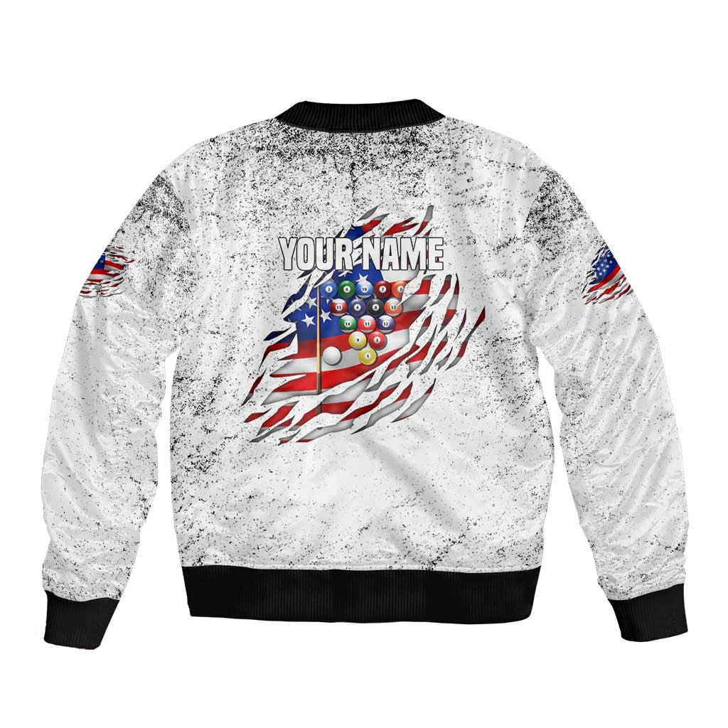 Custom American Flag Billiards Bomber Jacket with Ripped Design Pool Ball Graphic - Wonder Print Shop