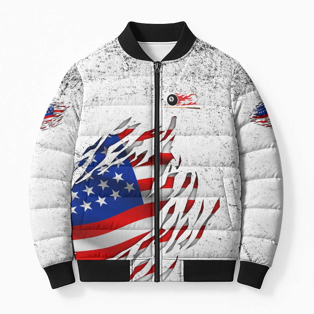 Custom American Flag Billiards Bomber Puffer Jacket with Ripped Design Pool Ball Graphic - Wonder Print Shop