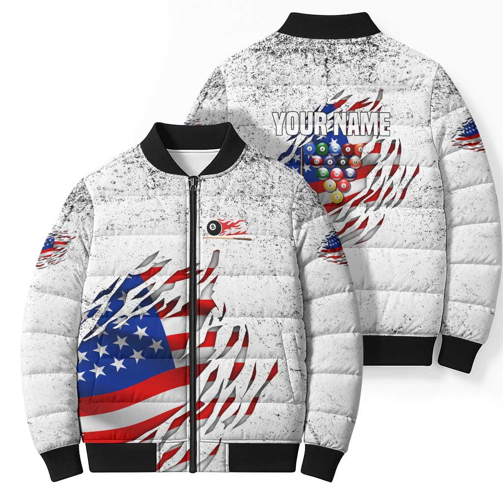 Custom American Flag Billiards Bomber Puffer Jacket with Ripped Design Pool Ball Graphic - Wonder Print Shop